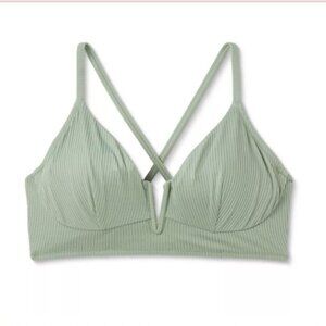 SHADE & SHORE V-WIRE BIKINI TOP RIBBED SAGE GREEN SIZE 34B UNDERWIRE CRISS CROSS